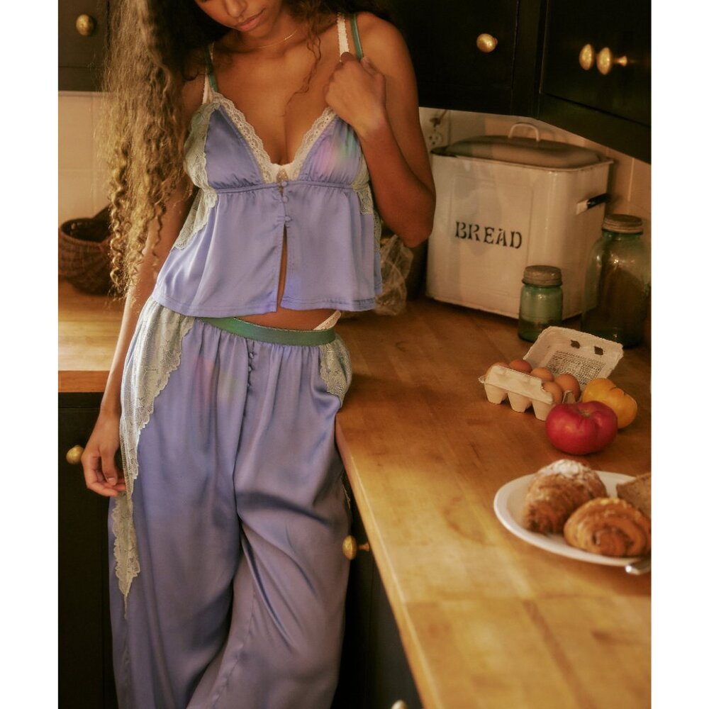 NWOT Free People Lavender Satin Lace-Trim Pajama Set with Mint Accents - Picture 6 of 10